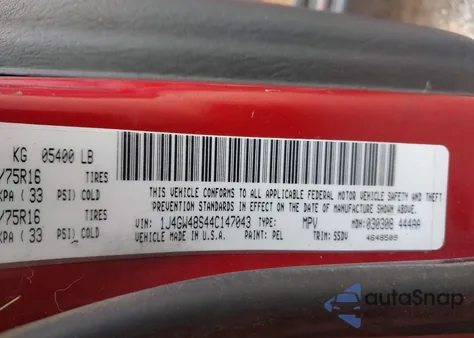 2004 Jeep Grand Cherokee Laredo z USA, uszkodzony, nr VIN 1J4GW48S44C147043